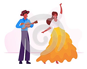 Young Man Playing Ukulele Guitar to Girl Dancing Traditional Dance at Rio Carnival. Full Height Musician Character