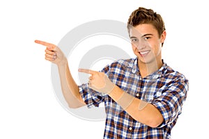 Young man pointing