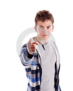 Young man pointing finger at you