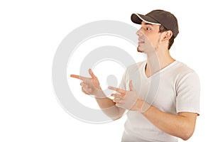Young man is pointing sideways photo