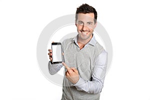Young man pointing text on smartphone screen