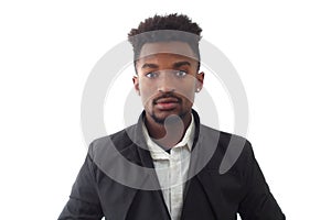 Young man portrait black jacket white background in studio