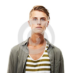 Young man, portrait and face in fashion with hairstyle or blank stare isolated against a white studio background