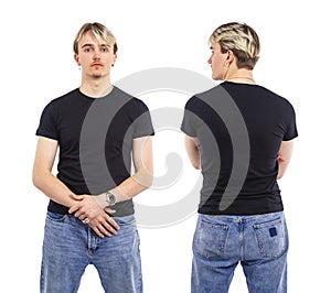 Young man posing with blank black shirt