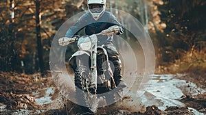 Young man on a powerful motorbike riding off-road in an adrenaline-pumping enduro adventure sport. Wearing protective