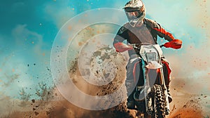 Young man on a powerful motorbike riding off-road in an adrenaline-pumping enduro adventure sport. Wearing protective