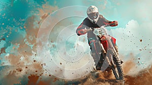 Young man on a powerful motorbike riding off-road in an adrenaline-pumping enduro adventure sport. Wearing protective