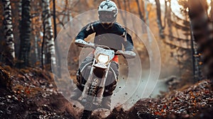 Young man on a powerful motorbike riding off-road in an adrenaline-pumping enduro adventure sport. Wearing protective