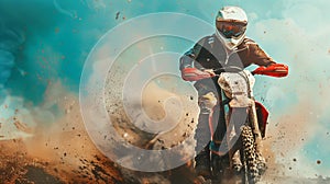 Young man on a powerful motorbike riding off-road in an adrenaline-pumping enduro adventure sport. Wearing protective