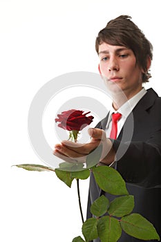 Young man presenting a flower red rose isolated