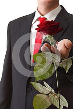 Young man presenting a flower red rose isolated