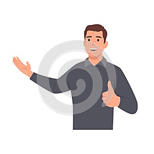 Young man presenting and showing thumbs up OK