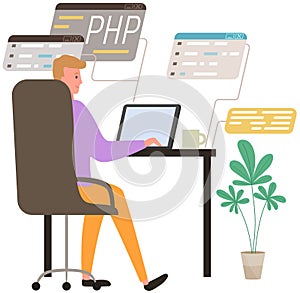Young man programmer coding and correct errors in project, sitting near web page working with laptop