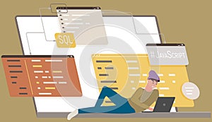 Young man programmer coding and correct errors in project, sitting near web page working with laptop