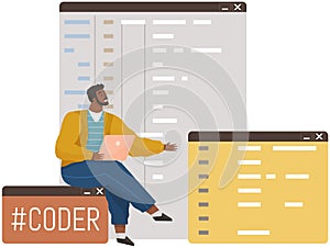 Young man programmer coding and correct errors in project. Guy sitting near web page template