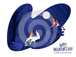 Young Man Proposing Woman on Paper Cut Nature Night Scene for Happy Valentine`s Day Celebration