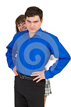 Young man protects the woman