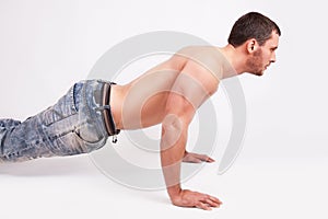 Young man pushed off the floor