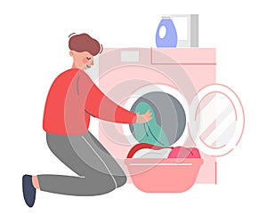 Young Man Putting Dirty Clothes in Washing Machine, Guy Doing Laundry at Home Flat Style Vector Illustration