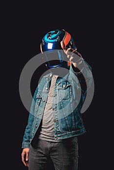 Young man with racing helmet, double exposure, hitman, millennial