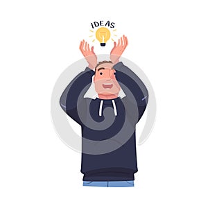 Young Man Reaching Hands to Glowing Light Bulb Having Idea Vector Illustration