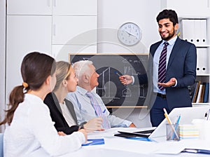 Young man is reading financial report to colleagues on meeting