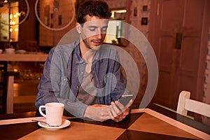 Young man reading message in restaurant