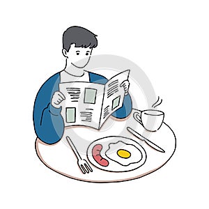 Young man reading newspaper while having breakfast, Good morning concept, hand-drawn line art style vector illustration