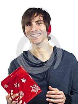 Young man with a red gift bag