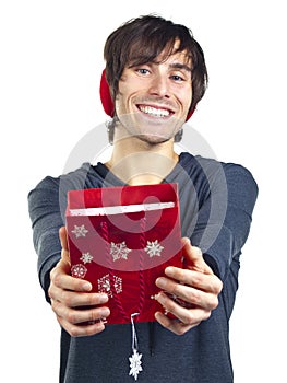 Young man with a red gift bag