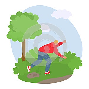 Young man in red jacket tripping over rock in park. Accident during walk, unexpected stumble, outdoor mishap vector