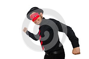 Young man with red mask isolated on white