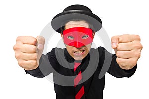 Young man with red mask isolated on white