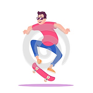 Young man in red T-shirt and sneakers having fun and jumping with a skateboard