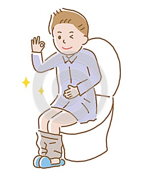 Young man with regular bowel movement sitting on toilet seat.  Health care concept