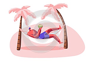 Young Man Relax in Hammock with Coconut in Hands