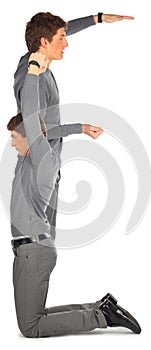 Young man represent letter E