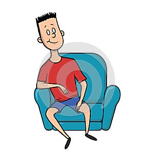 Young man is resting, sitting in a chair. Cartoon character illustration, isolated on white background.