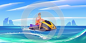 Young man ride aquabike, jet ski in sea