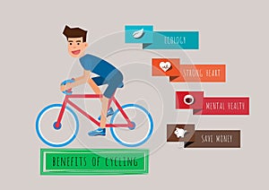 Young man riding a bicycle. The benefits of cycling. Bicycle infographics template.