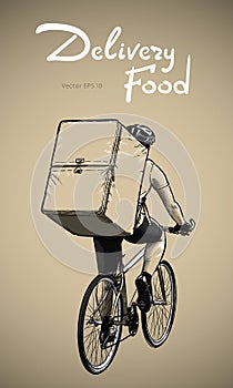 Young man riding bicycle in delivery food service sketch vector illustration