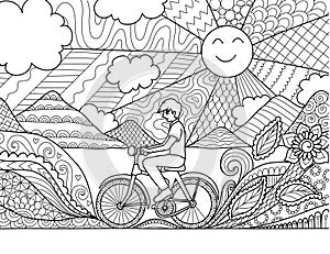 Young man riding bicycle happily in beautiful nature for adult coloring book page and other design element. Vector illustration