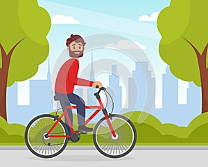 Young man riding bicycle. Personal urban city transportation. Eco friendly alternative vehicles flat vector
