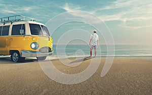 Young man riding a car on the seashore