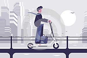 Young man riding electric scooter modern cityscape