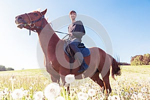 Young man riding a horse in the field