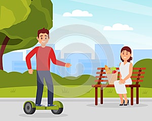 Young man riding hoverboard. Personal urban city transportation. Eco friendly alternative vehicles flat vector