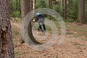 Young man riding a mountain bike throughs the woods