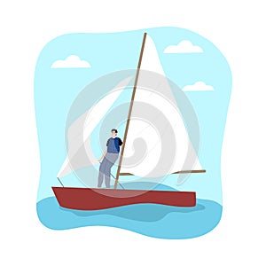 Young man riding sailboat and enjoying trip under sail in sea