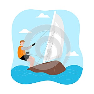 Young man riding sailboat with wind and enjoying trip under white sail